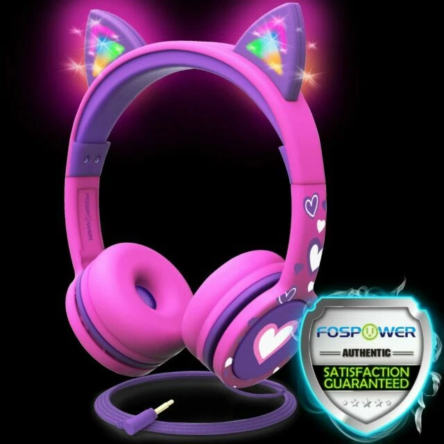 FosPower FOSHP-2393 3.5mm On-Ear Stereo Headphones w/ Light Up Cat Ears for Kids