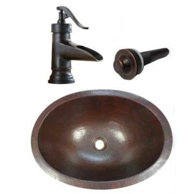 16" Oval Copper Bathroom Vanity Sink with LT Drain & ORB Faucet 5 - Image 1 of 4