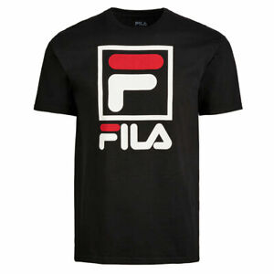 FILA Men's T-Shirt Stacked Logos Retro Sporty Style Crewneck Cotton BLACK & NAVY