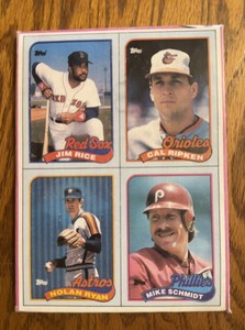 1989 Topps Baseball Card Wax Box Bottom Uncut Panel Ryan, Ripken, Schmidt, Rice