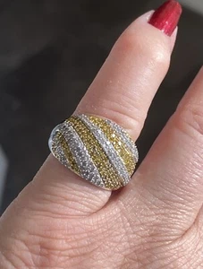 Sterling Silver Yellow & White Pave Genuine Diamond Ring Size 6 - Picture 1 of 14