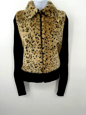 Y2K  Tiara Sweater Jacket Woman Sz m/L LEOPARD PRINT Faux Fur Front Zipper - Image 1 of 4