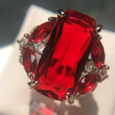 16.CT Big Red Square Cut Shining Gemstone 925 Silver With Large CZ Stones Ring  - Image 1 of 4