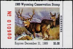 XItem Wyoming Naturschutz-/Entenstempel 1989 $ 5,00 (Hirsch) - Bild 1 von 1