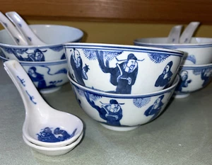 Antiguo Juego de Cuencos y Cuchara Académicos de Porcelana Azul y Blanco Chino Qing Kangxi Tardío - Imagen 1 de 8