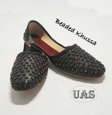 US 7-11 BEADED BLACK LEATHER MEN SHOES HANDMADE KHUSSA - Image 1 of 4