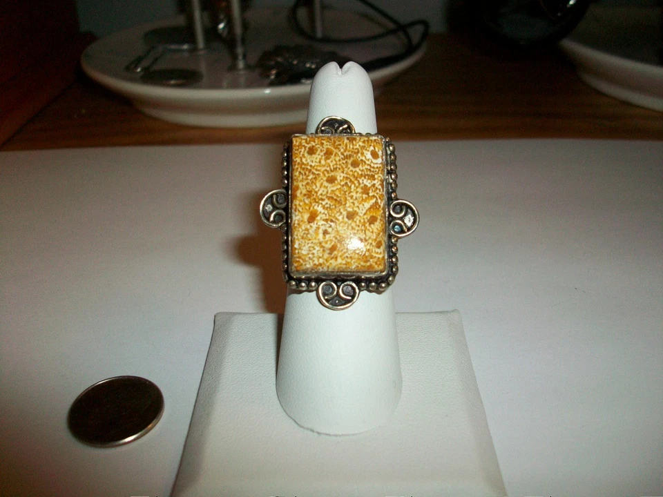 Anillo vintage de piedras preciosas de coral fósil en plata de ley 925 - talla 7 Foto 1 de 1