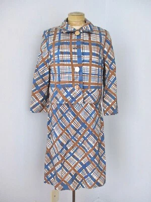 Vtg 60s 70s blue gold plaid cotton twill 2-pc dress jacket secretary suit 14 - Image 1 of 4