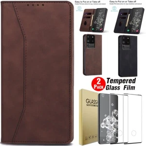 For Samsung Galaxy S20/Plus/Ultra/FE Leather Magnetic Case Cover Tempered Glass - Picture 1 of 26