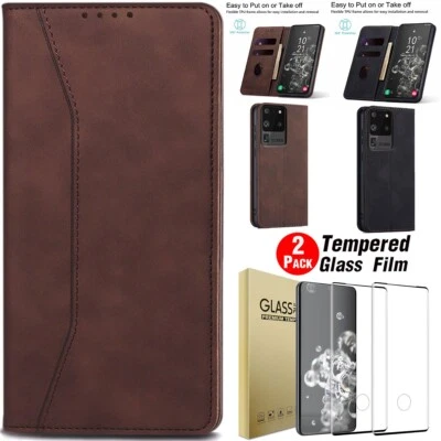For Samsung Galaxy S20/Plus/Ultra/FE Leather Magnetic Case Cover Tempered Glass - Image 1 of 4