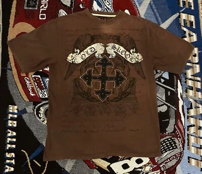 Vintage Old Skool Shirt Grunge Brown Embroidered Mens XL Grunge Gothic Cross - Image 1 of 4