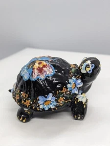 Hand Made Turtle Trinket Box Buterfly & Flowers 4"L Artist Signed M.K. Majolica - Picture 1 of 24