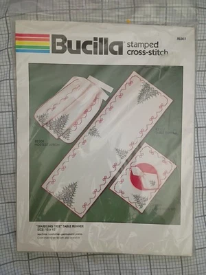 Vtg Bucilla SPARKLING TREE Cross Stitch Kit Christmas 15x45 Table Runner - New - Image 1 of 2