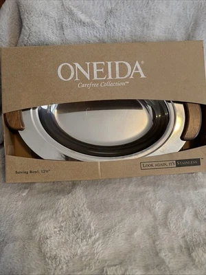 New Oneida Stainless Steel 1995 Tray 12 1/2"  Wood Handles "Carefree Collection" - Image 1 of 4
