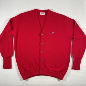 Vintage Izod Lacoste Sweater Mens Large Red Cardigan Button Front Knit 80s - Picture 1 of 11