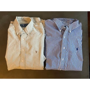 2 Pair Vintage Ralph Lauren Oxford Button Pony XXL 17 34 Striped Blue Cream Mens - Picture 1 of 12