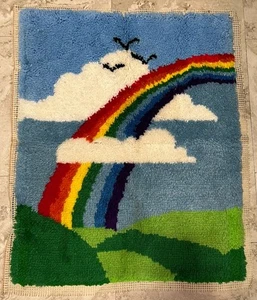 Vintage Regenbogen Riegel Haken Teppich Wandbehang Retro Stolz Vogel groß fertig 34" - Bild 1 von 10