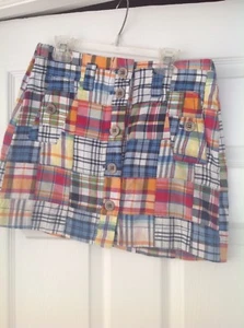 J Crew Multi-Color Madras Plaid Patchwork Flat Button Front Mini Skirt Size 0 - Picture 1 of 2