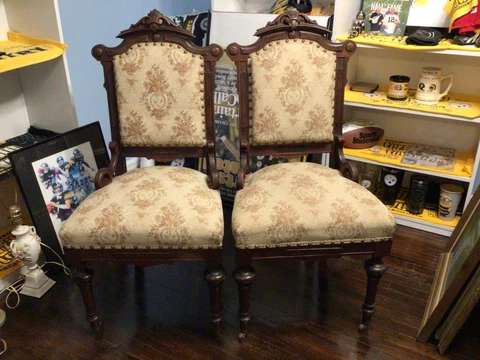 Lot of 2 Antique Vintage Needlepoint Wood Dining Floral Chairs With Wheels Cover