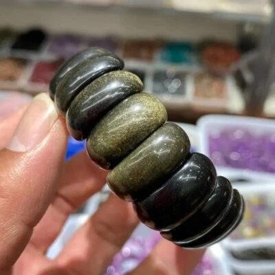 GOLD-OBSIDIAN *** breiter Stretch Armband oval flexibel 17-20 cm - Bild 1 von 3