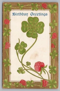 Postcard Birthday Greetings Crimson Clovers Shamrock Unposted - Picture 1 of 2