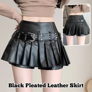 Women's Black Gothic A-line Pleated PU Leather Skirt Shorts Skirts Vintage - Picture 1 of 11