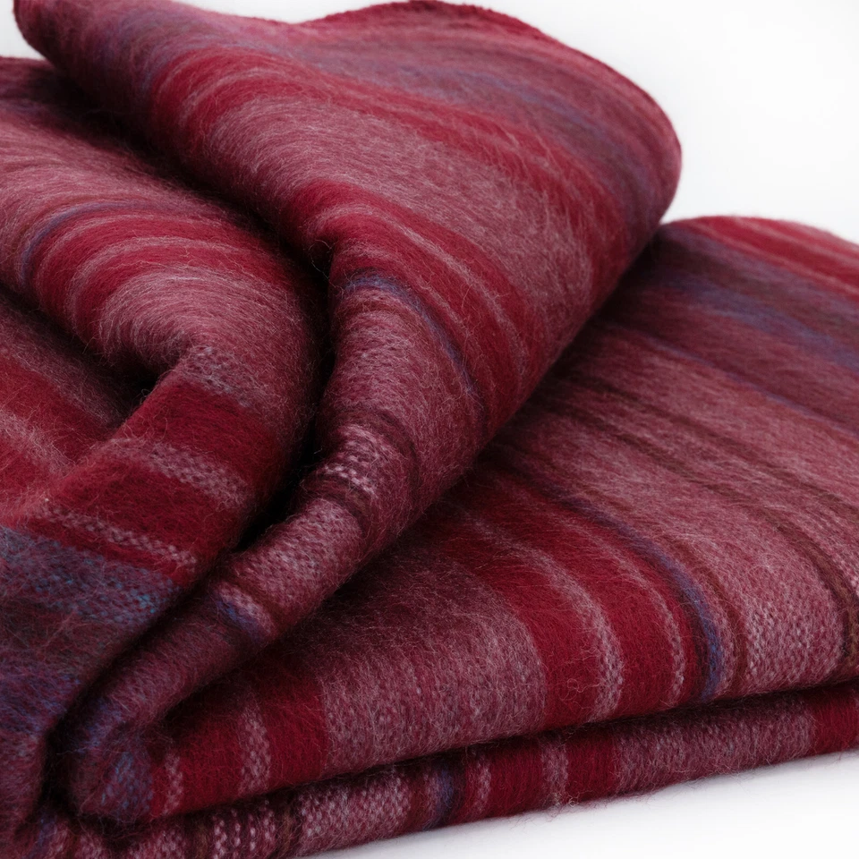 LUXURIOUS STRIPED ALPACA WOOL BLEND BLANKET 96x67 IN BURGUNDY & PURPLE TONES - Image 1 of 4