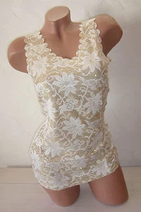 LUXUS Spitzentop Top Blumen Rosen Glitzer Spitze Netz Tanktop S M L XL Neu - Bild 1 von 8