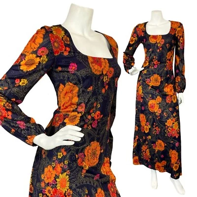 VESTIDO MAXI HIPPY VINTAGE AÑOS 70 AZUL MARINO NARANJA FLORAL DORADO PAISLEY CUELLO CUADRADO 8 Foto 1 de 4