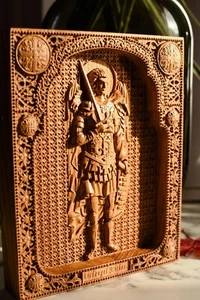 ARCHANGEL MICHAEL WOOD CARVED CHRISTIAN ICON RELIGIOUS  WALL HANGING ART WORK - Picture 1 of 5