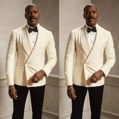 Trajes Blazer Pantalón Crema Para Hombre Doble Ratura Pico Solapa Formal Boda Esmoquin Foto 1 de 4