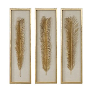Luxe Tall Gold Palm Leaf Wall Art Set 3 | Organic Shape Shadow Box Sculpture - Picture 1 of 7