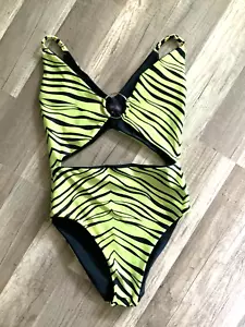 Zebra One Piece Women Swimsuit with Gold Loop - Soulan Zee Zebra Small - Picture 1 of 3