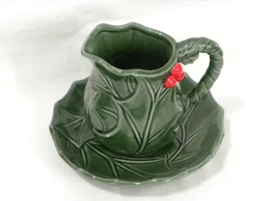 Vintage Lefton Christmas Green Holly & Berry Pitcher/Creamer & Bowl/Plate, #6032 - Picture 1 of 12