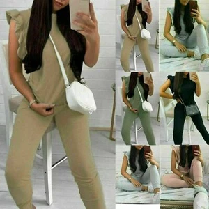 Women's Frill Ruffle Peplum Sleeve Top Bottom Lounge Wear Boxy Tracksuit Set - Picture 1 of 6