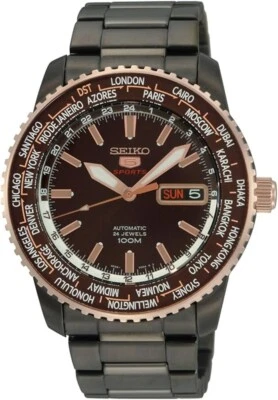 Nuevo Reloj Pulsera Seiko 5 SRP132K1 Sport Hora Mundial Negro Dorado Automático Hombre Foto 1 de 4