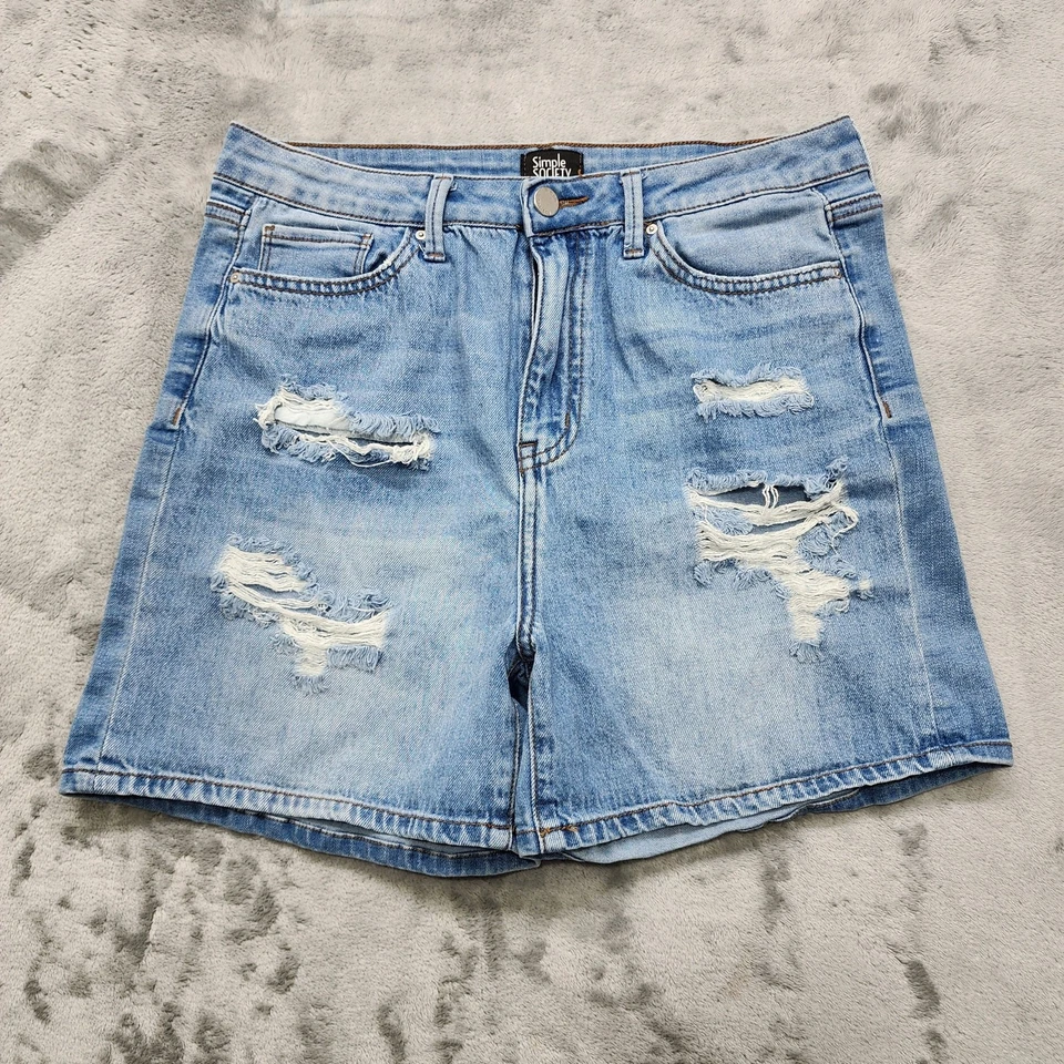 Simple Society Shorts Womens 11/30 Blue Distressed High Rise Stretch Denim Mom Foto 1 de 4