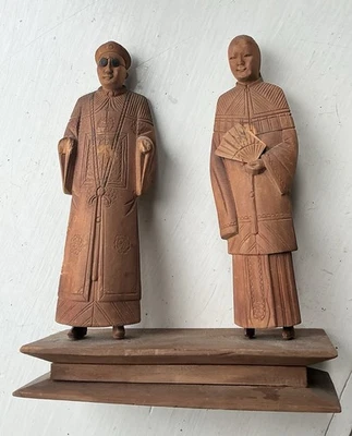 Chinese Hand Carved Wooden Figures of Dignitary Man + Woman - Image 1 of 3