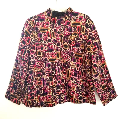 Ruby Rd Jacket Womens 2X Quilted Purple Print Pockets Mandarin Collar Ltwt Zips - Image 1 of 4