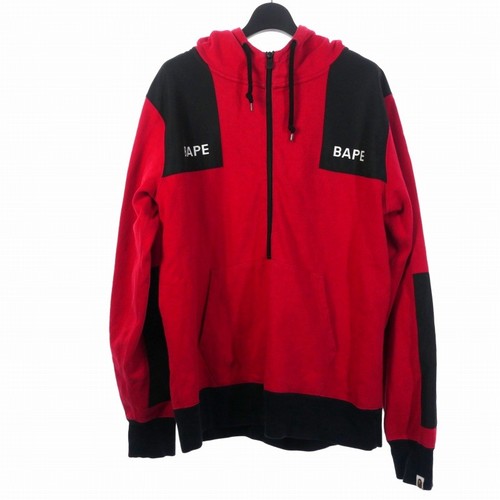 A BATHING APE (BAPE) Felpa con cappuccio A Bathing Ape pullover stampa Bape mezza zip rosso nero XL usata