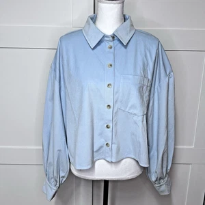 THML Anthropologie Shirt Womens sz M Blue Mini Vale Corduroy Button Up Balloon - Picture 1 of 4