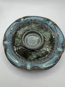 Hand Thrown Clay Glazed Fired Glass Inside Jewelry Dish Blue Green, Turquoise - Picture 1 of 8