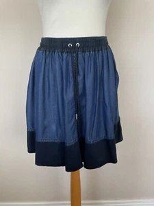 FAB Karen Millen Navy Denim Blue Chambray Elasticated Tie Waist Skirt Size 8 VGC - Picture 1 of 7