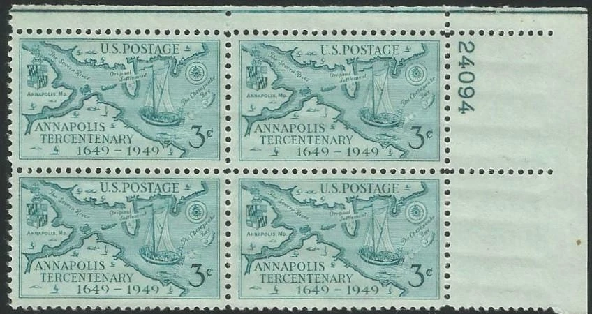 Plate Block of 4 stamps - Scott 984 - 3 cent - Annapolis - 1949 - MNH - Image 1 of 1