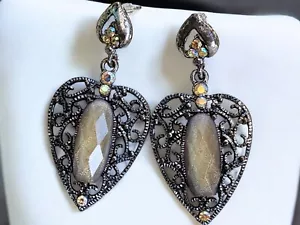 Vtg Silver Heart-Shaped Ornate Moonstone Dangle Earrings with Rhinestone Accents - Picture 1 of 5