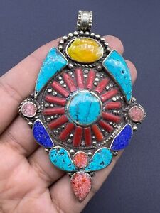 Beautiful Old Tibetan Jewelries Natural Turquoise & Coral Stone Mixed Sliver Pen