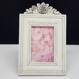 Shabby Chic White Picture Frame With Floral Top Accent 3-3/8"x5-3/8" - Picture 1 of 12