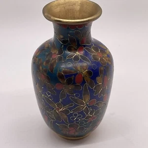 Cloisonne Vase Decorated w/ Flowers & gold trim, base 2.75" Tall - Picture 1 of 5