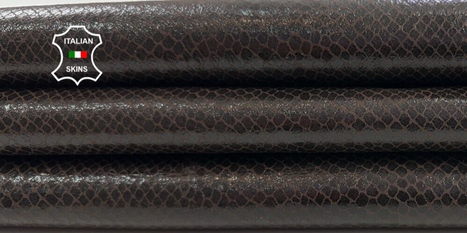 DARK BROWN SHINY SNAKE PRINT ON VEGETABLE TAN Goat Leather 3+sqf 0.9mm #C4027 - Image 1 of 4