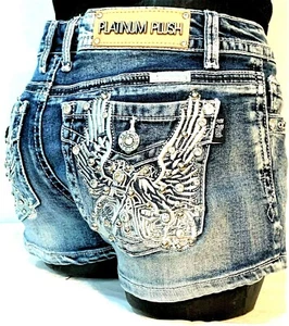 PLATINUM PLUSH RHINESTONE & STUD MOTORCYCLE & WINGS SHORTS STYLE 4504   - Picture 1 of 4